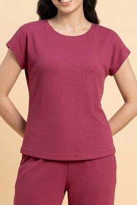 Zivame Seersucker Knit Cotton Pyjama Set - Red Violet — thumbnail 5